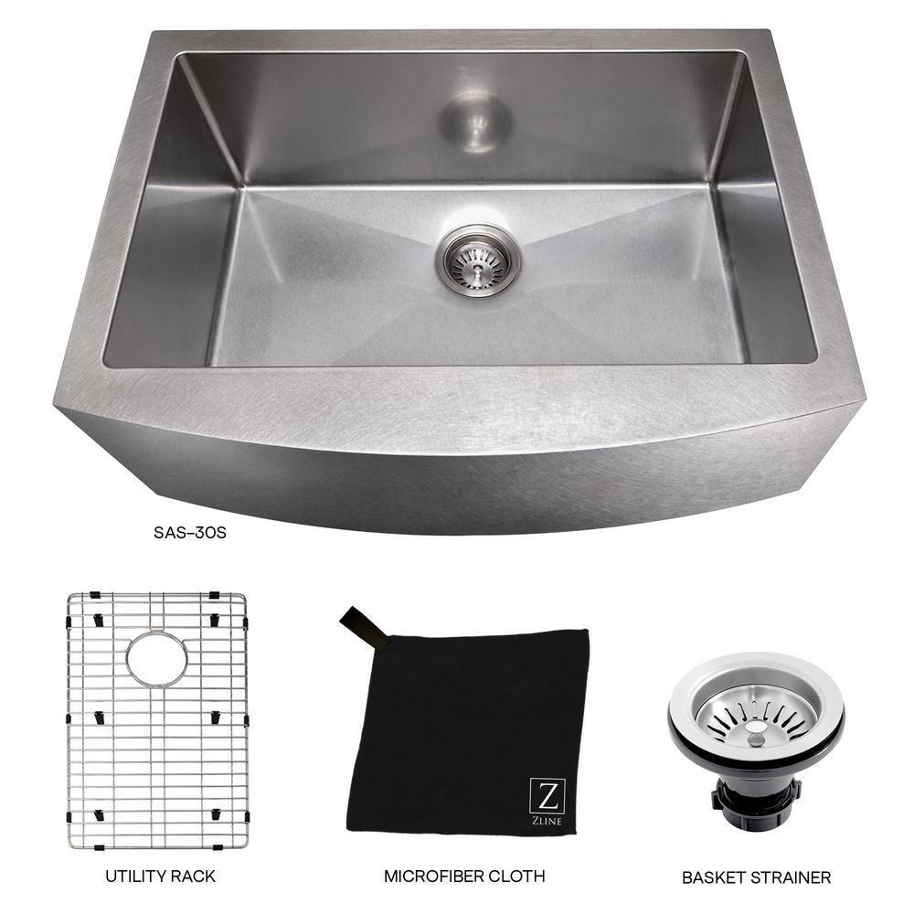 ZLINE 30 in. Zermatt Farmhouse Apron Mount Single Bowl DuraSnow Stainless Steel Kitchen Sink W/ Bottom Grid (SAS-30S)