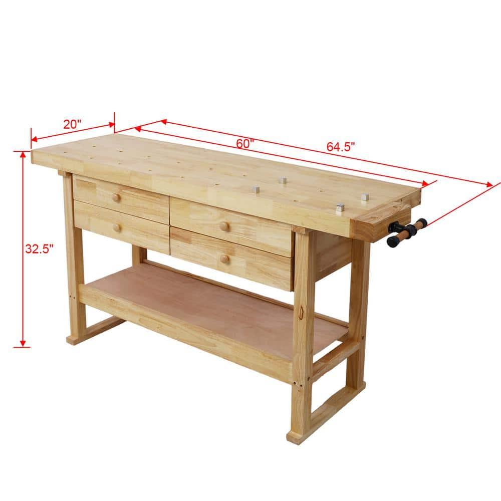 60" Solid Wood Workbench with 4 Drawers and Lower Shelf, Durable Rubberwood Wooden Workbench for Garage, Woodworking Carpenter Workshop and Home Natural Finish 330 lbs Capacity