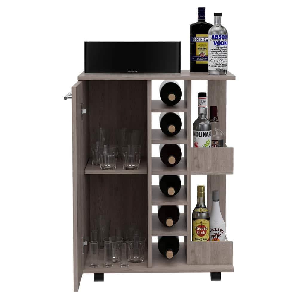 Magda Bar Cart with Four Casters, Six Built-in Wine Rack, Single Door Cabinet, and Two External Shelves, 32.32" H, Light Gray, Living Room