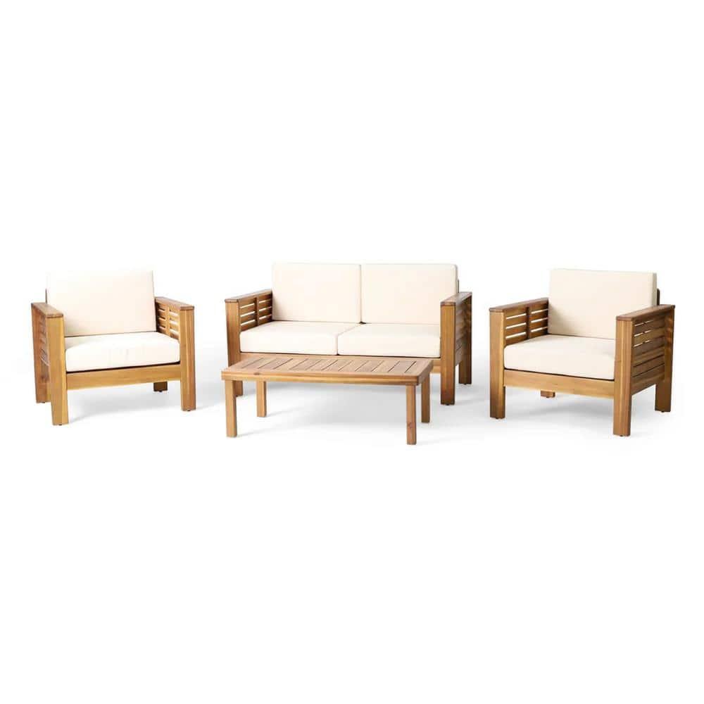 Christopher Knight Home Rabun Outdoor Acacia Wood 4 Seater Chat Set with Cushions, Cream/Teak