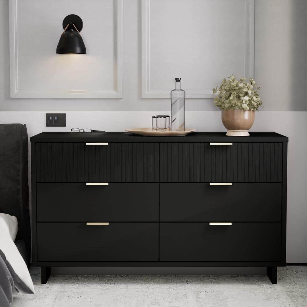 Granville Modern 6 Drawer Double Wide Dresser Black - Manhattan Comfort: Bedroom Storage, Soft Close