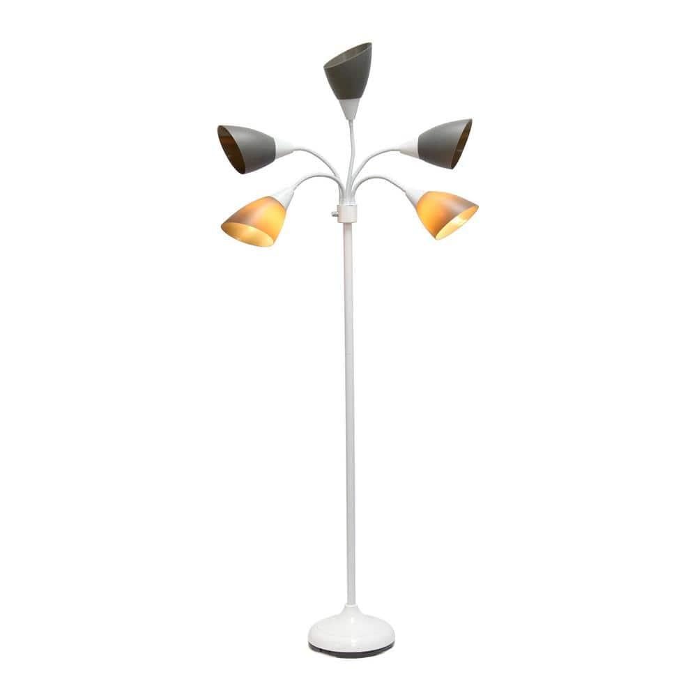 Simple Designs 67" Contemporary Multi 5-Head Adjustable Gooseneck Floor Lamp with Shades Gray : ETL Listed, Metal Body, Rotary Dimmer Switch