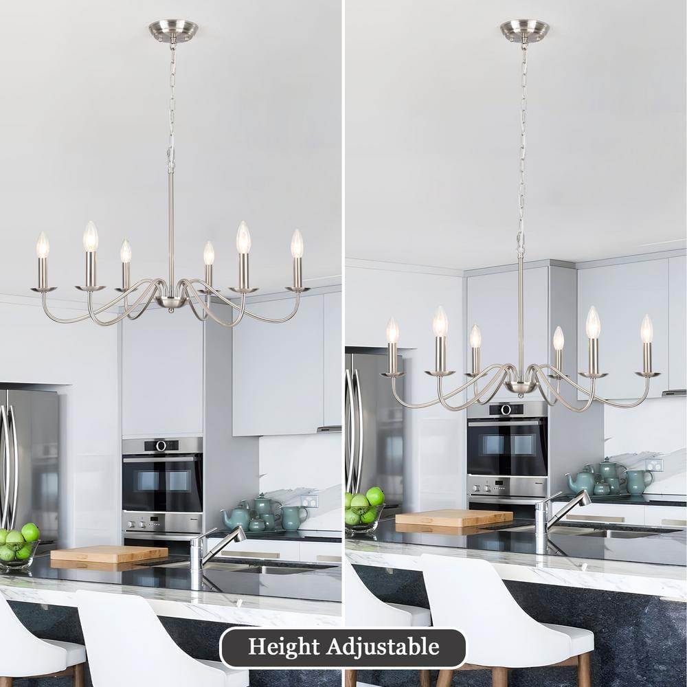 6-Light Farmhouse Chandelier for Dining Room Lighting Fixtures Hanging Brushed Nickel Chandelier for Kitchen Industrial Pendant Candle Lighting or Living Room Entryway Bedroom Foyer