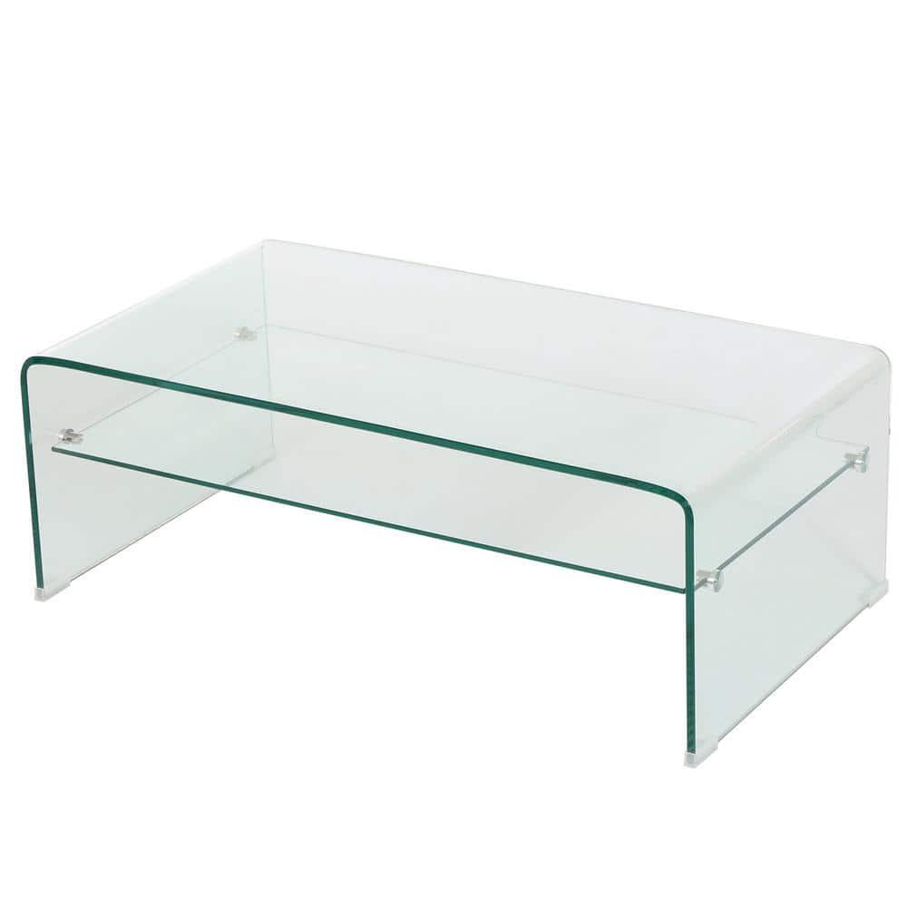 Sleek Mirage 39.4" Clear Tempered Glass Rectangular Coffee Table with Shelf