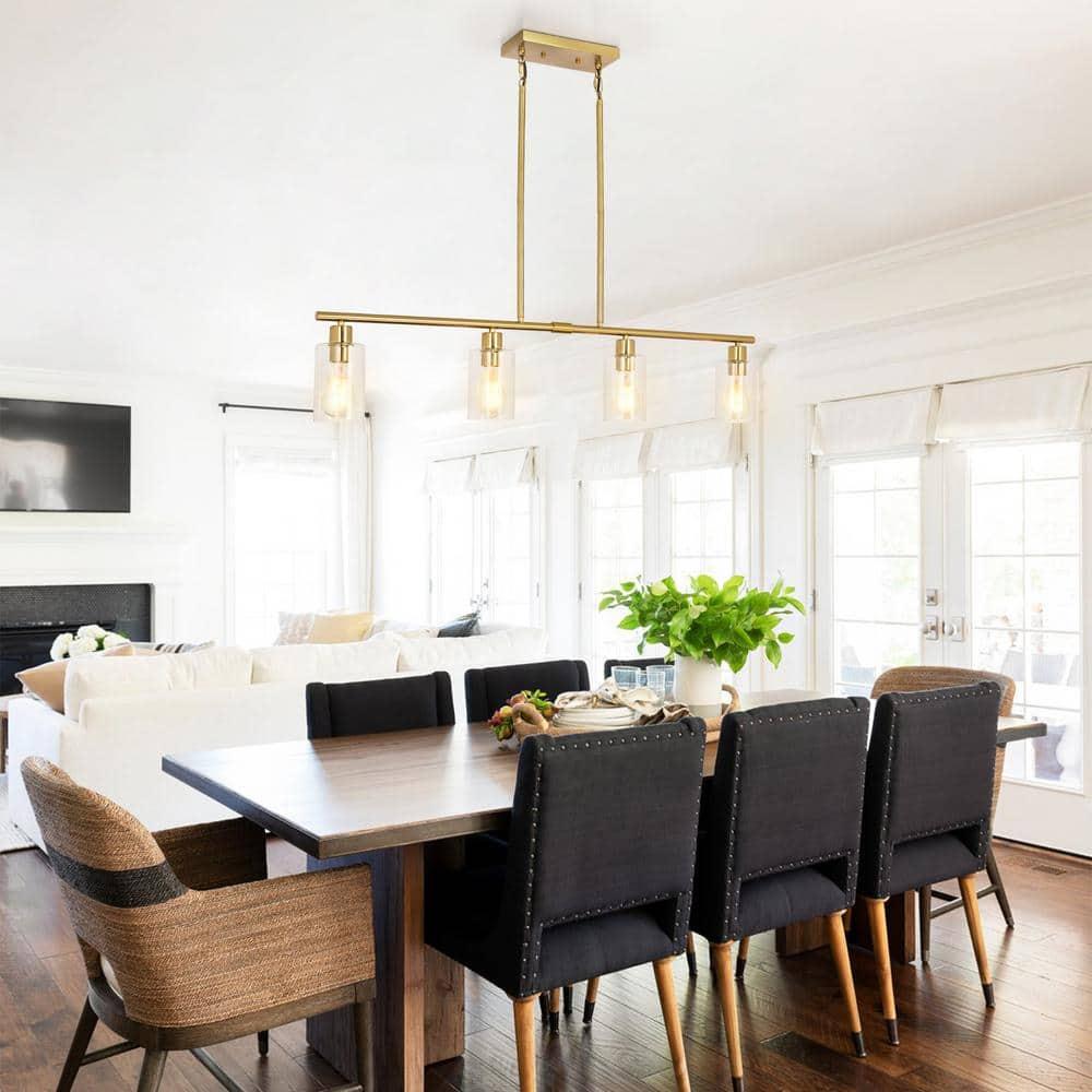 Modern Gold Kitchen Island Chandelier 4-Light Brushed Brass Farmhouse Pendant Light Industrial Kitchen Island Lighting Fixture with Glass Shades Hanging Lamp for Dining Living Room