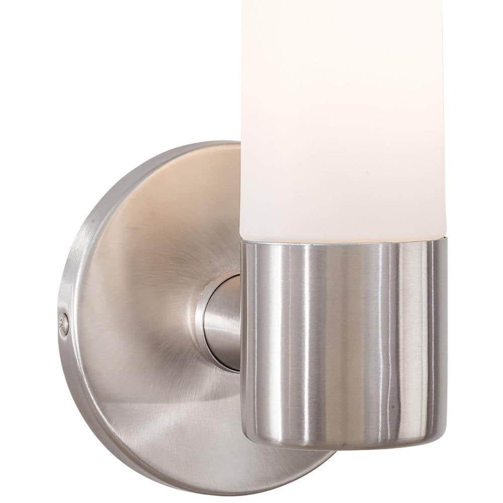Elegant Brushed Stainless Steel Cylinder Wall Sconce with Etched Opal Shade