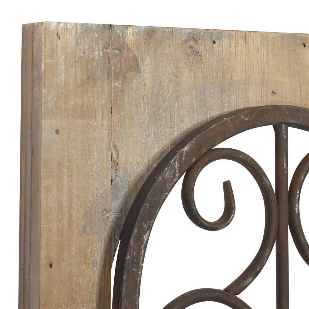 Deco 79 Wood Scroll Home Wall Decor Window Inspired Wall Sculpture with Metal Scrollwork Relief, Wall Art 11" x 2" x 23", Brown