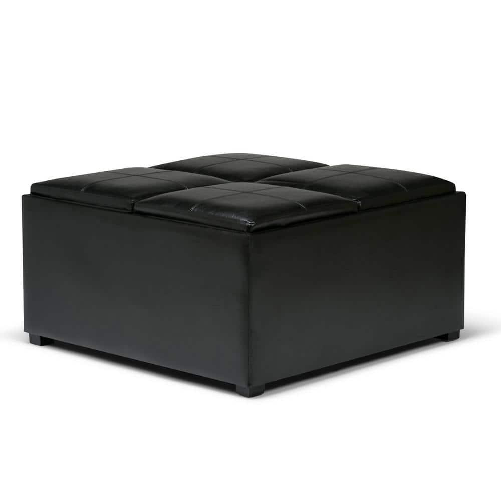 Simpli Home Avalon 35"W Upholstered Square Coffee Table Storage Ottoman with Flip-Over Trays