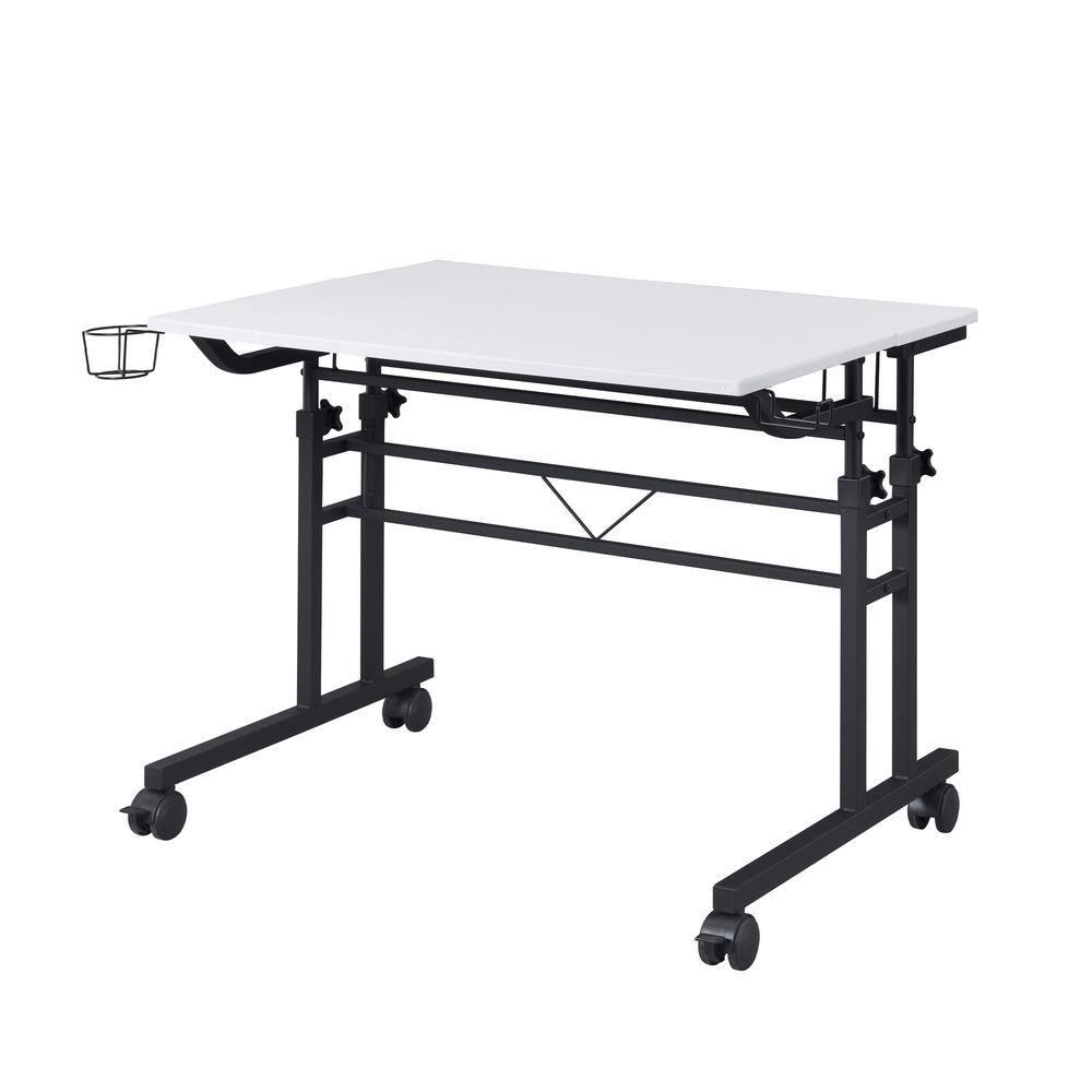 Rolling Writing Desk with Height Adjustable Desktop and Moveable Shelf White - Techni Mobili: Locking Casters, Open Storage