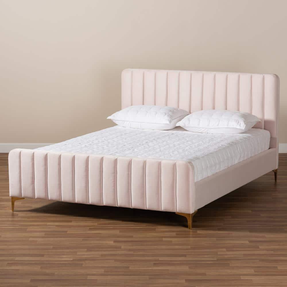 Full Nami Velvet Platform Bed Light Pink/Gold - Baxton Studio: Upholstered MDF Frame, No Box Spring Needed