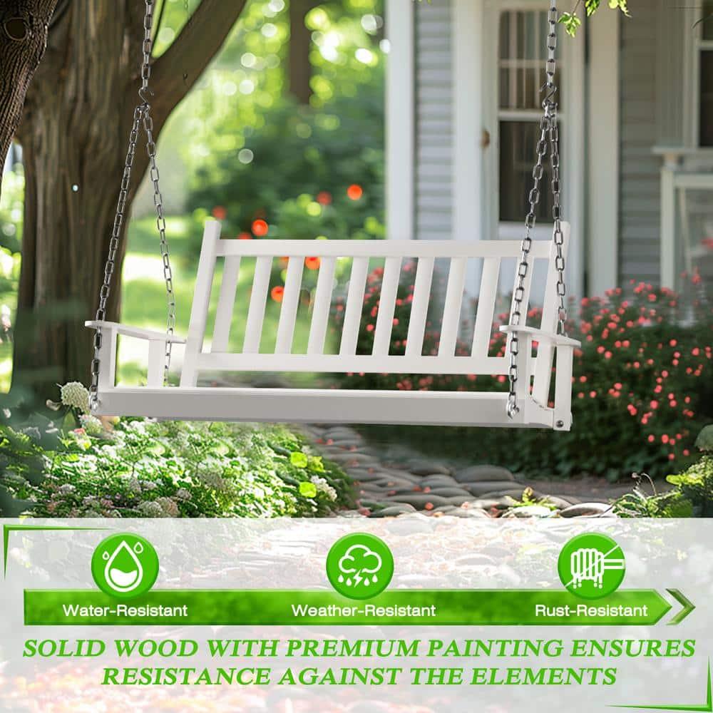 VEIKOUS 2-Seat Outdoor Porch Swing, Hanging Wooden Glider w/Hanging Chains for Patio, Backyard & Garden, White