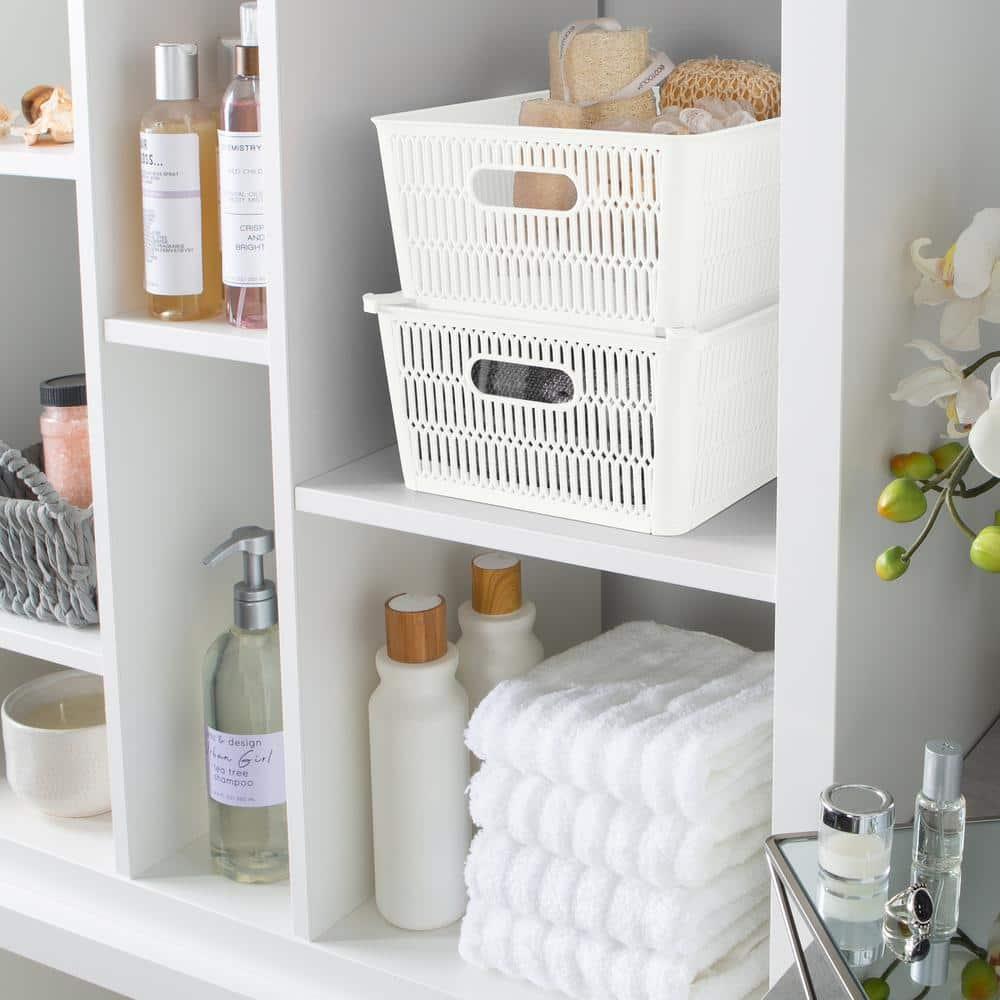 Simplify Slide 2 Stack It 2 Pack Plastic Storage Tote Baskets in White