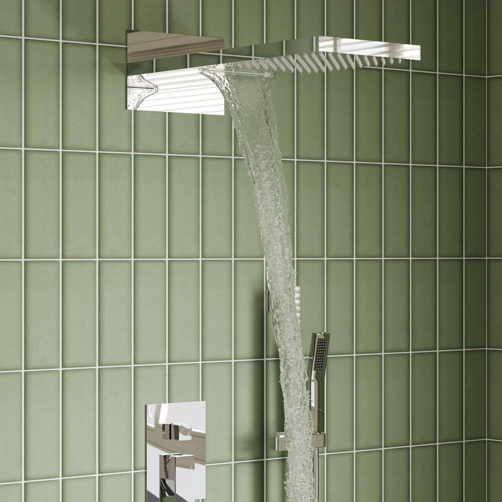 Dual-Function Wall Mounted Waterfall & Rainfall Shower Faucet Set With Rough-In Valve