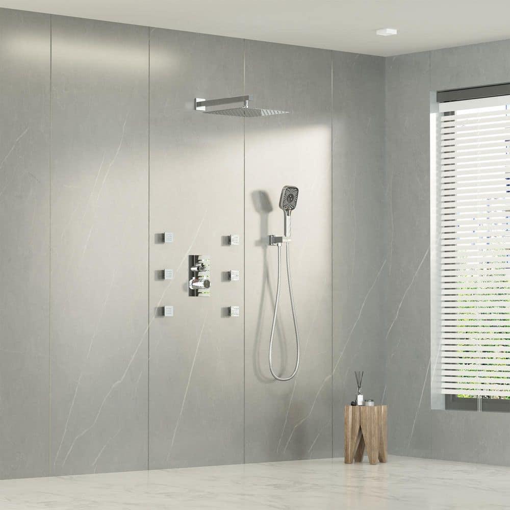 Revitalize 3-Function 12 Inch Wall Mount Rainfall Thermostatic Shower System with 6 Body Jets