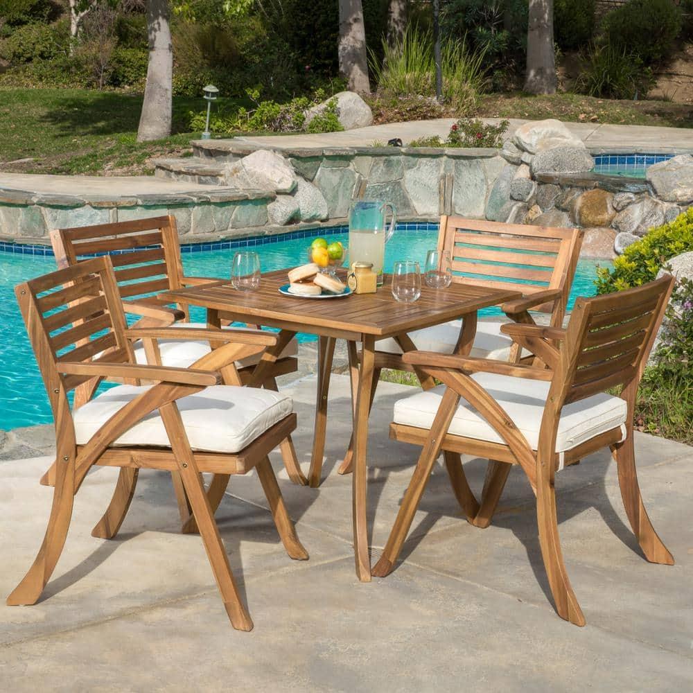 Hermosa 5pc Acacia Wood Patio Dining Set with Cushions - Teak Finish - Christopher Knight Home: Outdoor Furniture, 4 Arm Chairs & Square Table