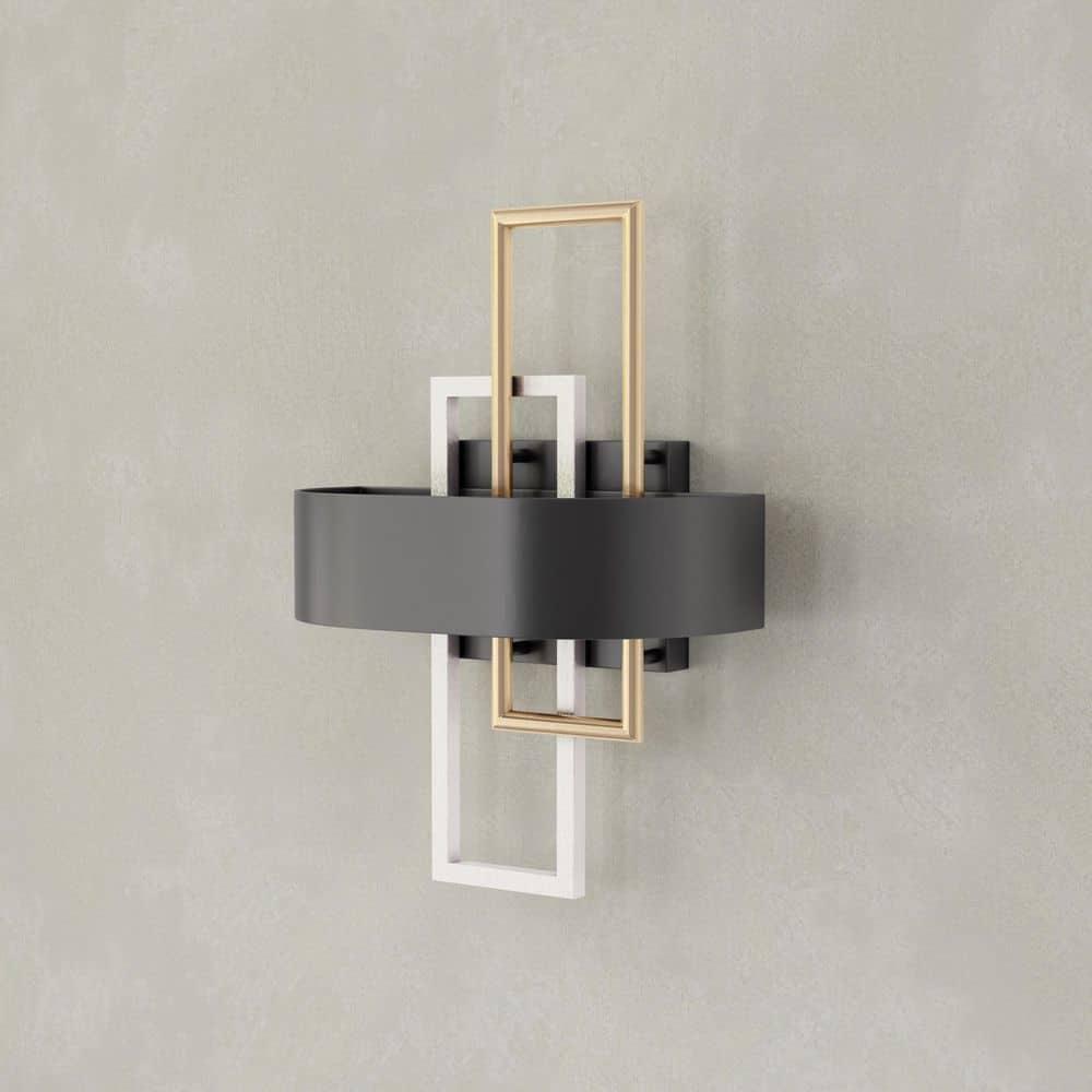 Progress Lighting Adagio 2-Light Wall Sconce, Black, Geometric Pattern, Steel, Damp Rated, Brushed Silver and Brass Accents
