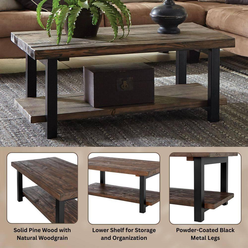 Alaterre Furniture 42" Pomona Wide Coffee Table Wood Rustic Natural: Fixed Shelf, Metal Frame, Living Room Furniture