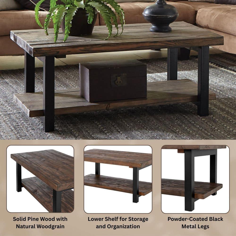 Alaterre Furniture 42" Pomona Wide Coffee Table Wood Rustic Natural: Fixed Shelf, Metal Frame, Living Room Furniture