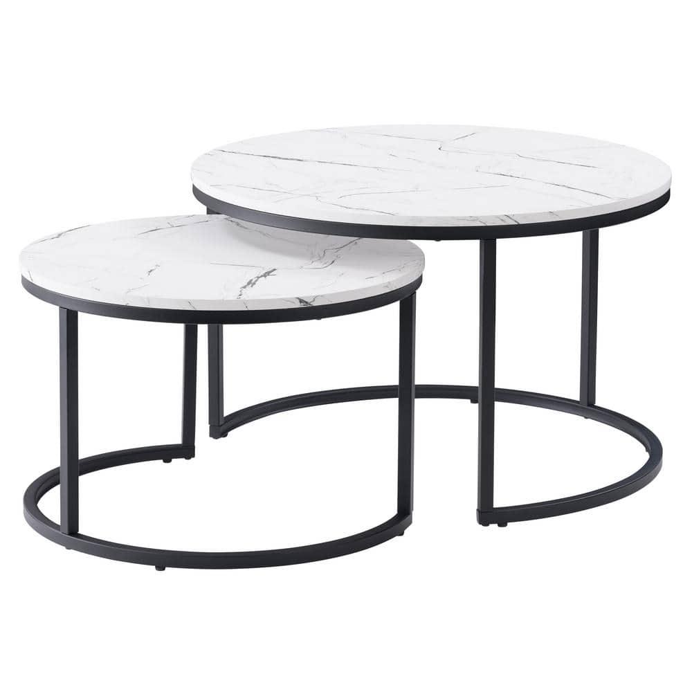 Set of 2 Marbled Finish Forth Worth Round Nesting Coffee Table White - CorLiving: Black Metal Legs, Accent Furniture