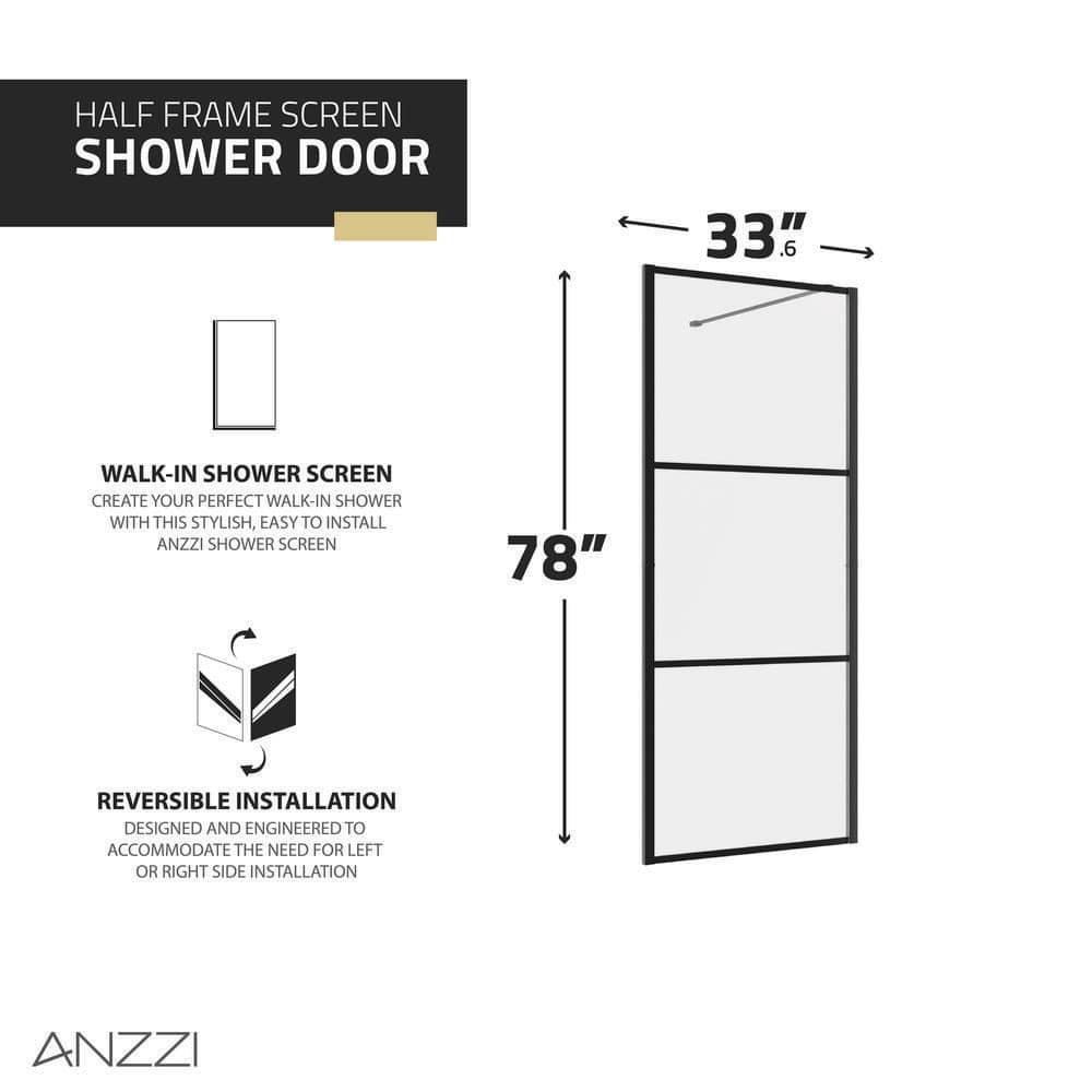 ANZZI Series 34 in. x 78 in. Fixed Frameless Shower Door in Matte Black with Tsunami Guard Tempered Clear Glass