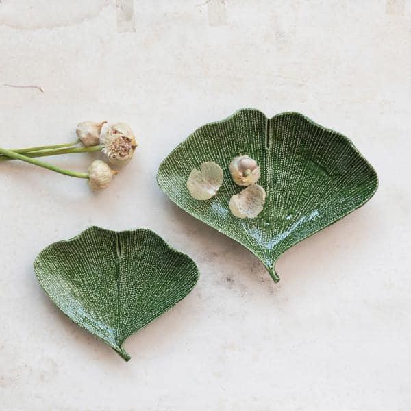 Creative Co-Op Boho Stoneware Gingko Leaf Shaped Plates, Set of 2 Sizes, Green