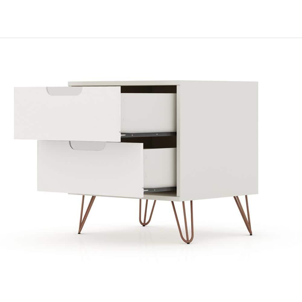 Set of 2 Rockefeller 2 Drawer Nightstands Off White - Manhattan Comfort: Modern Splayed Metal Legs, MDF