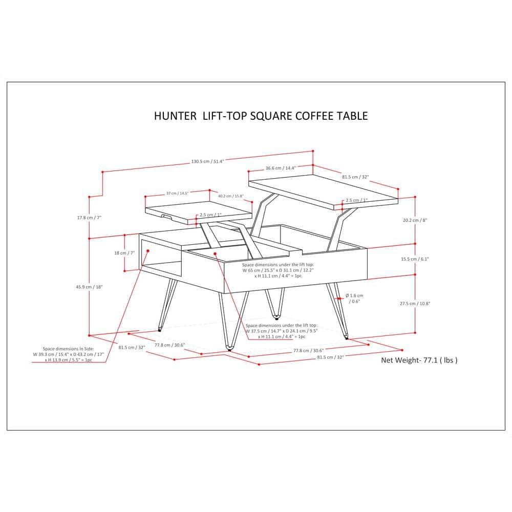 Simpli Home Hunter SOLID MANGO WOOD and Metal 32 inch Wide Square Industrial Lift Top Coffee Table in Natural