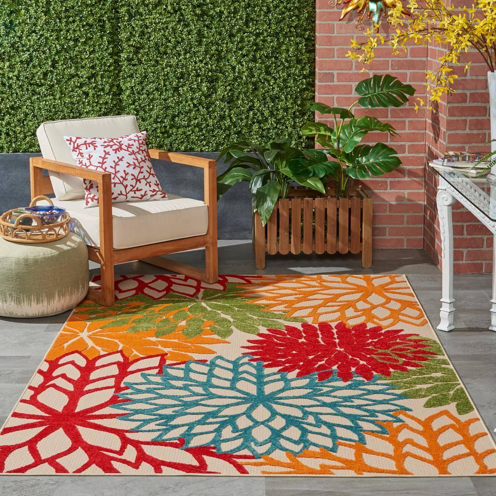 Nourison Aloha Floral Bloom Flatweave High-Low Indoor Outdoor Area Rug Green 5'3" x 7'5"