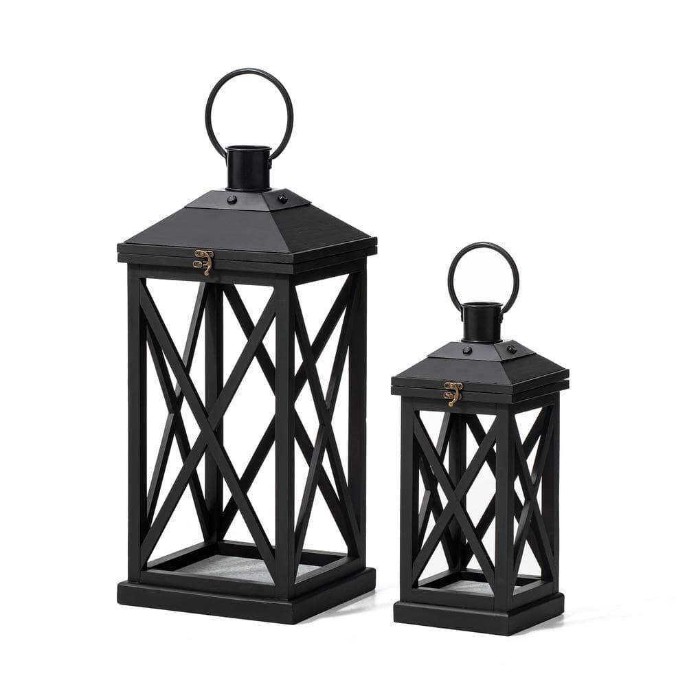 Glitzhome Modern Farmhouse Wooden Lantern Hanging Decorative Candle Lantern for Outdoor & Indoor Black Set of 2 (No Glass)