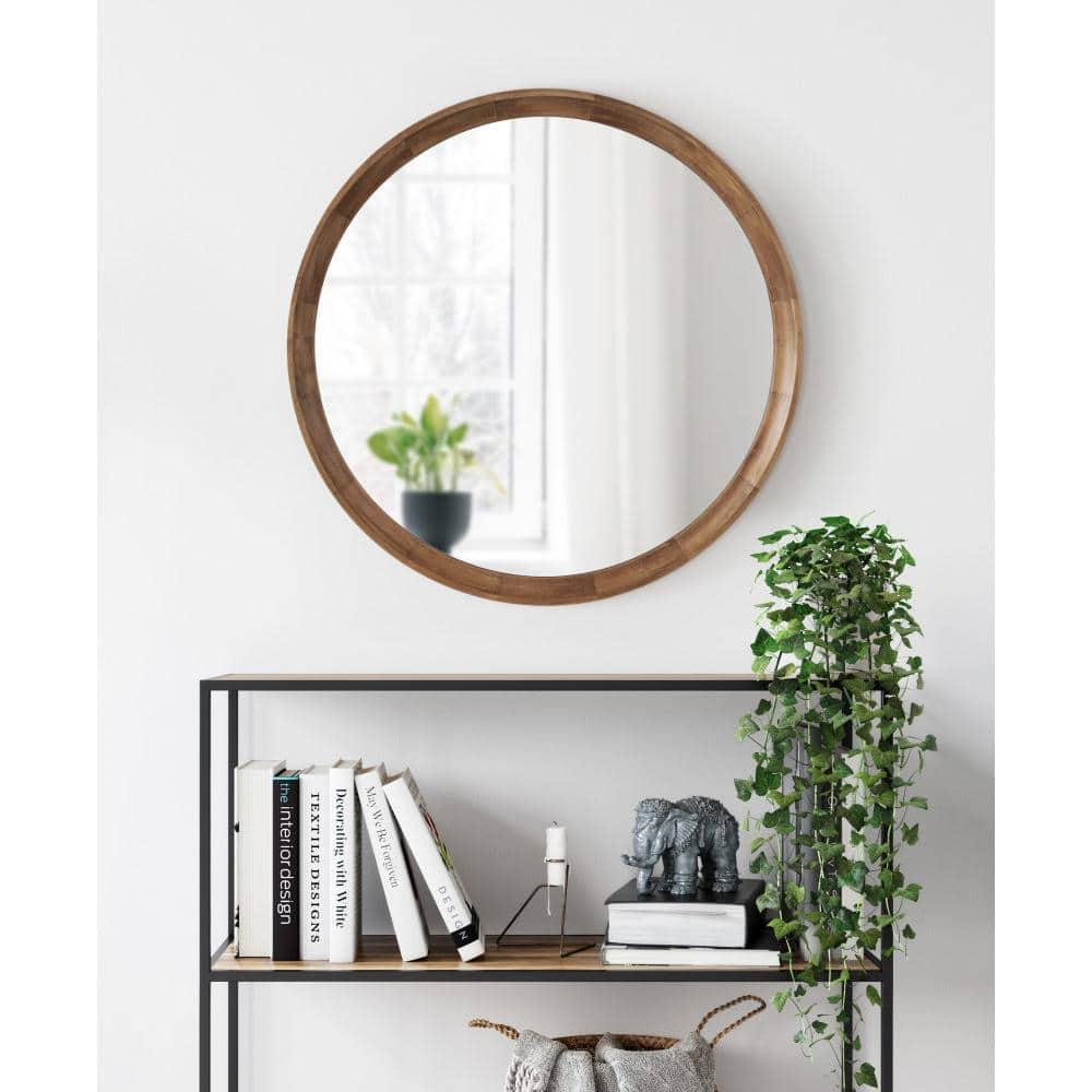 Kate and Laurel Hatherleig Round Wood Round Mirror, 30" Diameter, Rustic Brown