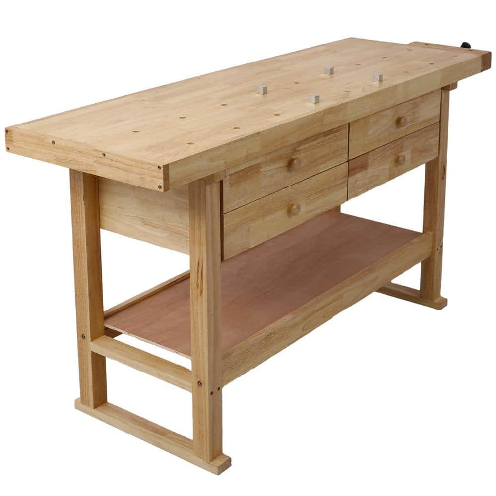 60" Solid Wood Workbench with 4 Drawers and Lower Shelf, Durable Rubberwood Wooden Workbench for Garage, Woodworking Carpenter Workshop and Home Natural Finish 330 lbs Capacity