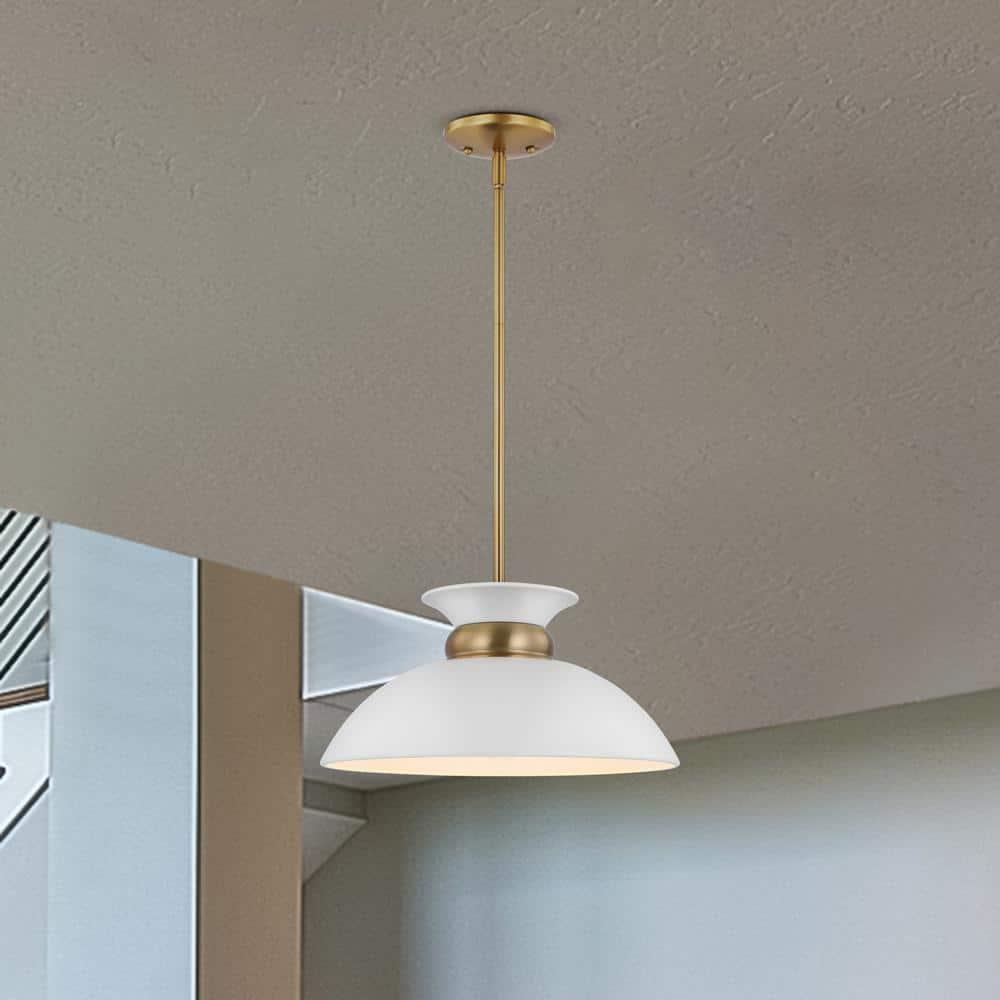Perkins Matte White & Burnished Brass 15" Modern Bowl Pendant