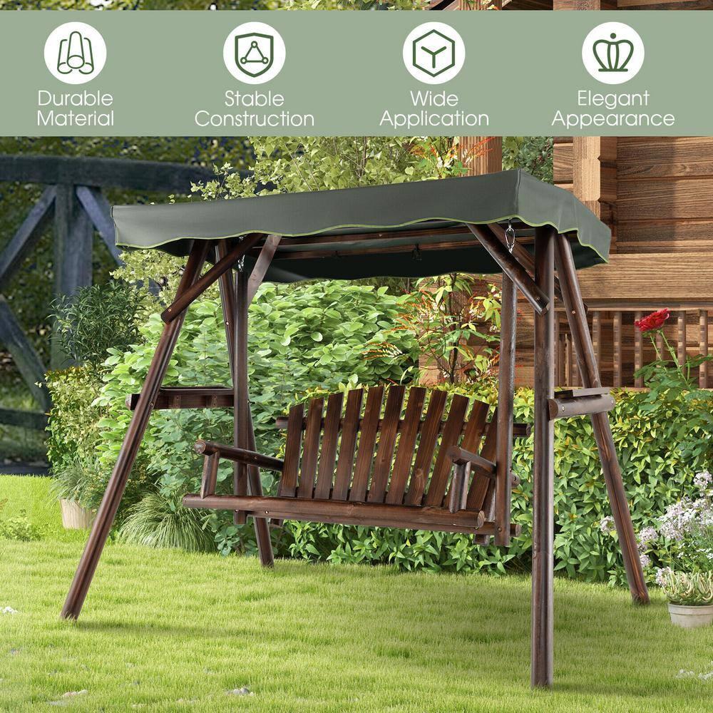 YYAo Outdoor Patio Porch Swing, Swing Bench, 2-Person Outdoor Wooden Porch Swing with an Adjustable Canopy