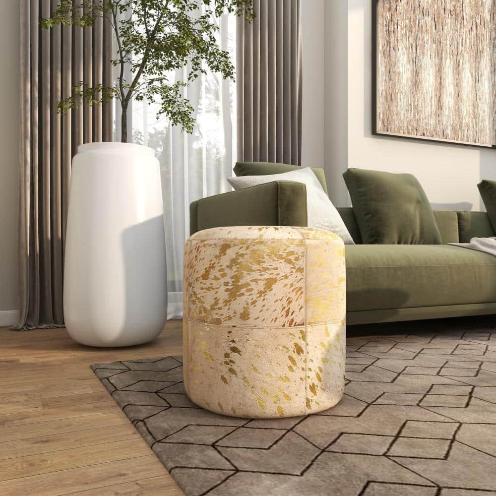 DecMode 16" x 17" Gold Leather Handmade Stool with Gold Foil Paint, 1-Piece