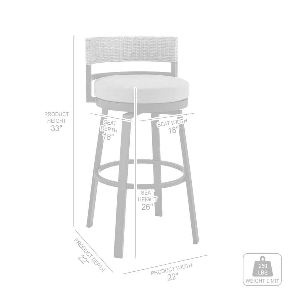 33 x 22 x 22 in.Encinitas Outdoor Patio Counter or Bar Height Bar Stool in Aluminum with Wicker and Grey Cushions