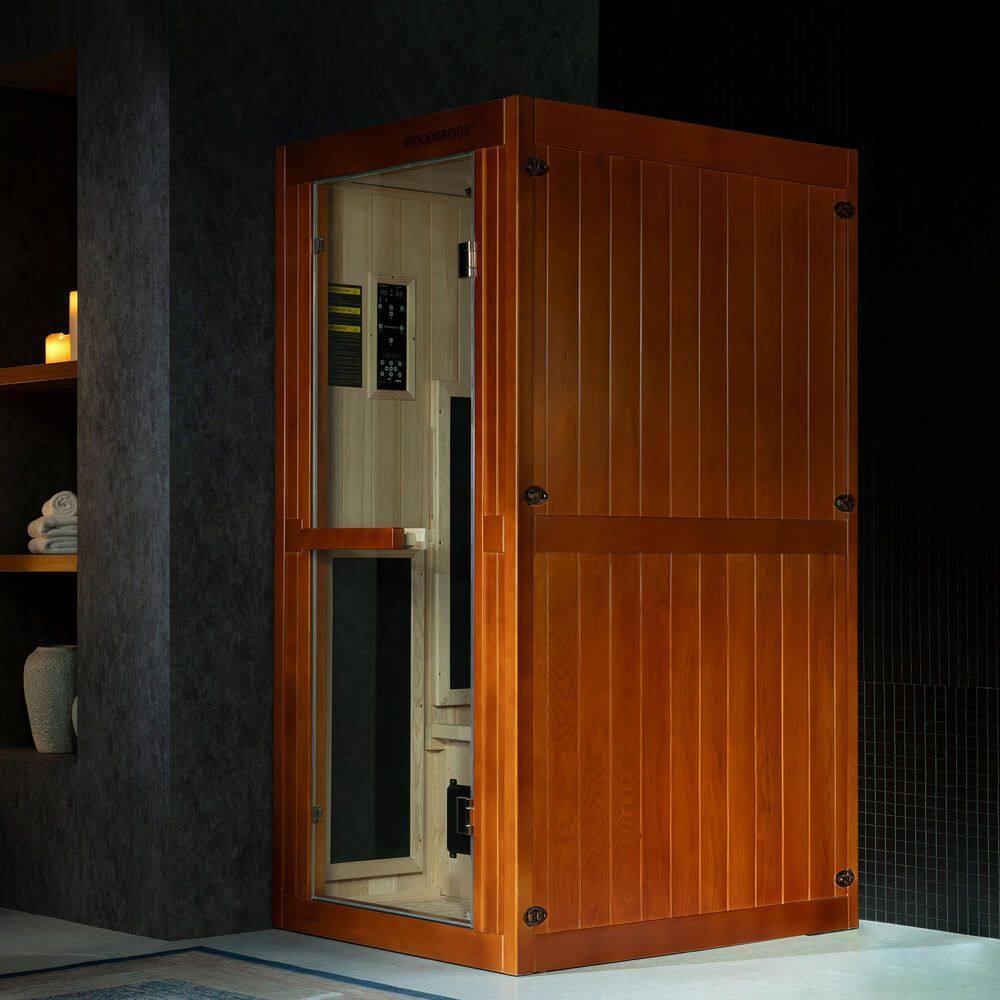 WoodBridge 1 Person Indoor Bluetooth Compatible FAR Infrared Sauna in Canadian Hemlock, Touch-Tone Keypad, LED Therapy Light