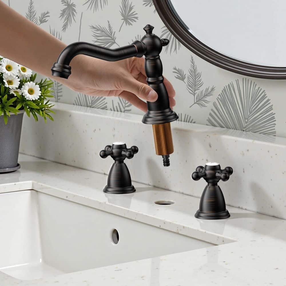 FORIOUS Vintage 3 Hole Bathroom Faucets Oil Rubbed Bronze, 2 Handle 8 Inch Widespread Antique Faucet for Bathroom Vanity RV Farmhosue Sink with Metal Pop Up Drain and Supply Lines