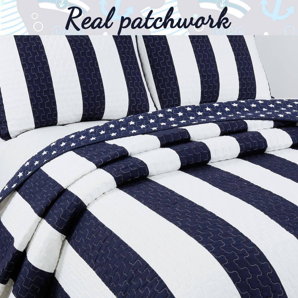 Navy Blue and White Striped Microfiber King Quilt Set