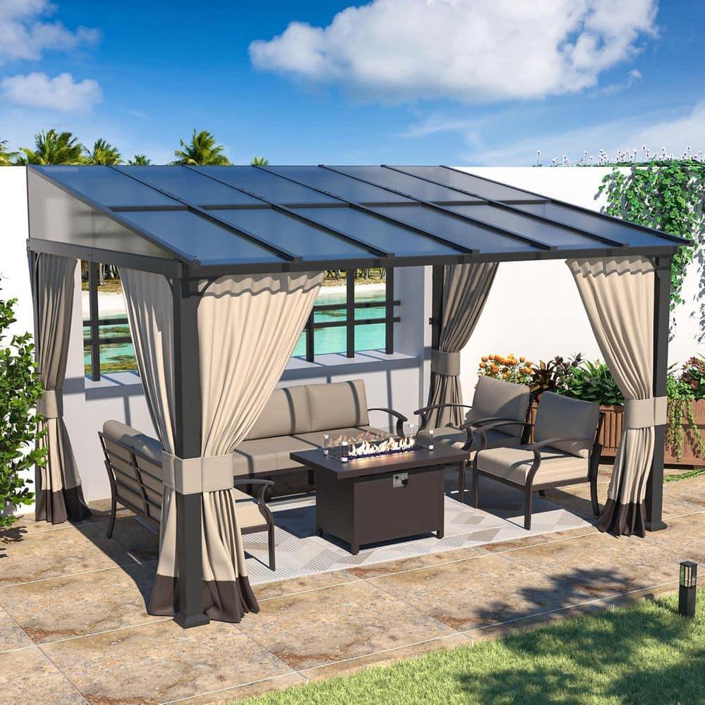 10 ft. x 12 ft. Brown Hardtop Wall Mounted Gazebo with Sloping Pitched Roof and Curtain Sand