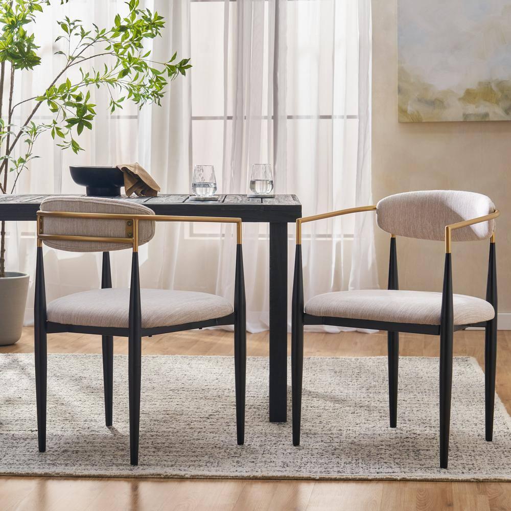 Noble House Boise Fabric Upholstered Metal Dining Chairs, Set of 2, Beige, Black, and Gold