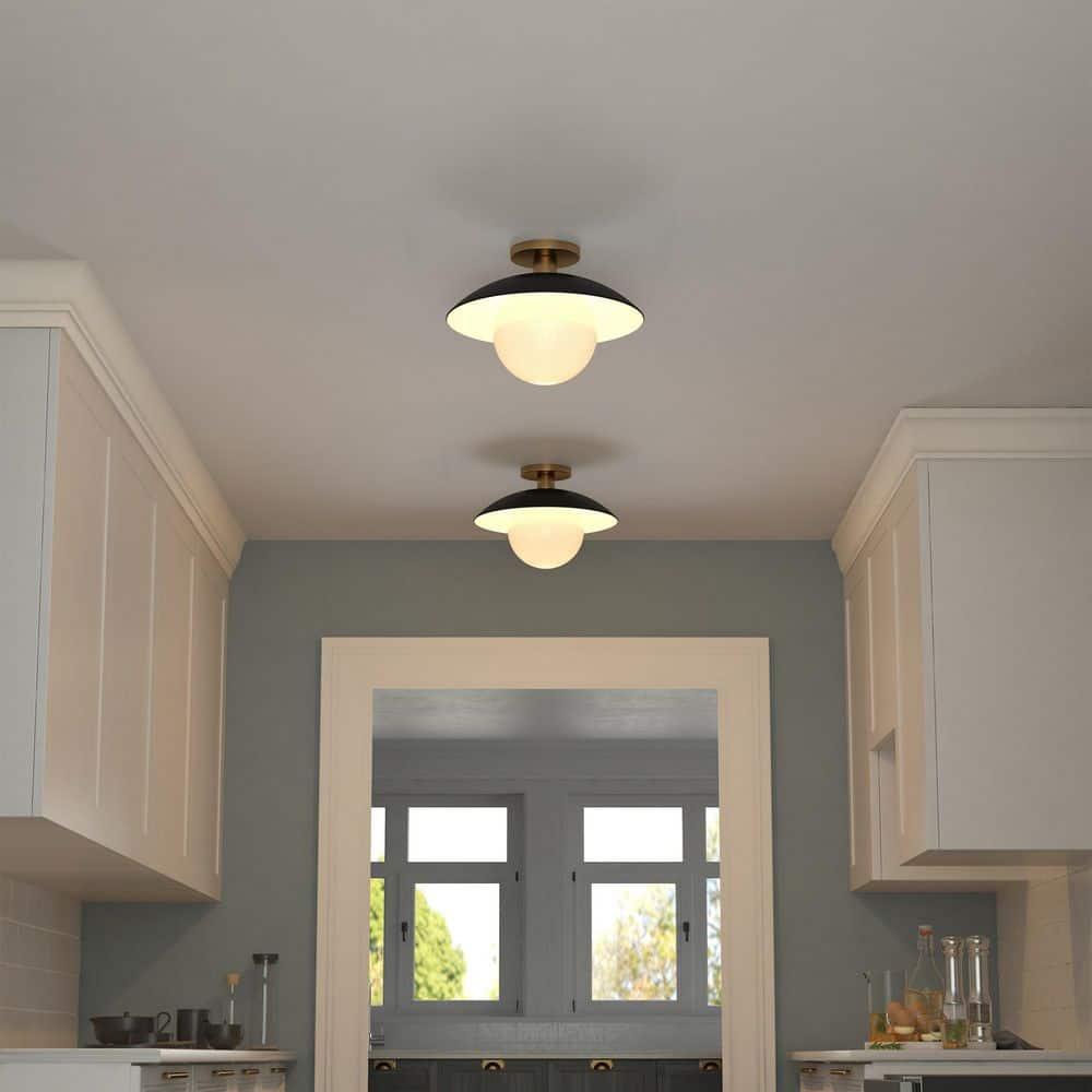 Evelyn&Zoe 14.5" Matte Black/Brass Metal/Glass Semi Flush Mount