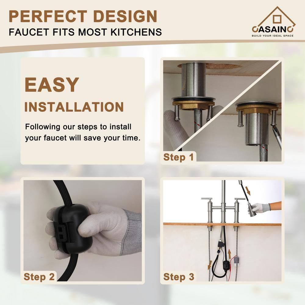 Double Handle Pull-Out Sprayer Bridge Kitchen Faucet with Infrared Sensor in Brushed Nickel