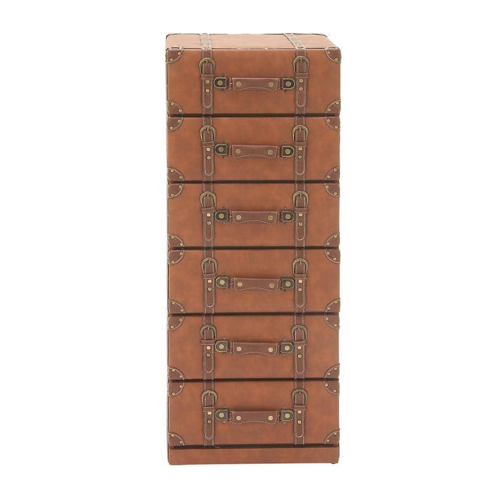 DecMode 16" x 42" Brown Wood Faux Leather 6 Drawers Chest with Buckle and Strap Detailing, 1-Piece