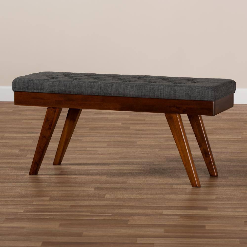Baxton Studio Alona Medium Wood Dining Bench Gray - : Mid-Century Design, Tapered Legs, Polyester Upholstery, Entryway Seating