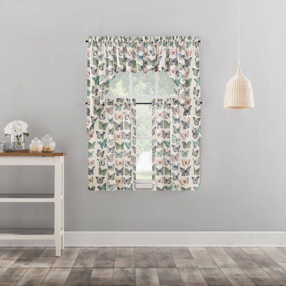 2pc 56"x36" No. 918 Sheer Magdalena Butterfly Print Rod Pocket Kitchen Curtain Tier Pair Blue: Polyester, Machine Washable