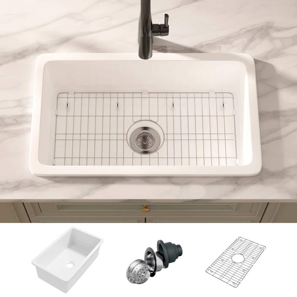 Eridanus Oslo 30" x 18" White Single Bowl Fireclay Undermount Kitchen Sink with Basket Strainer and Bottom Grid ERI-DS-164