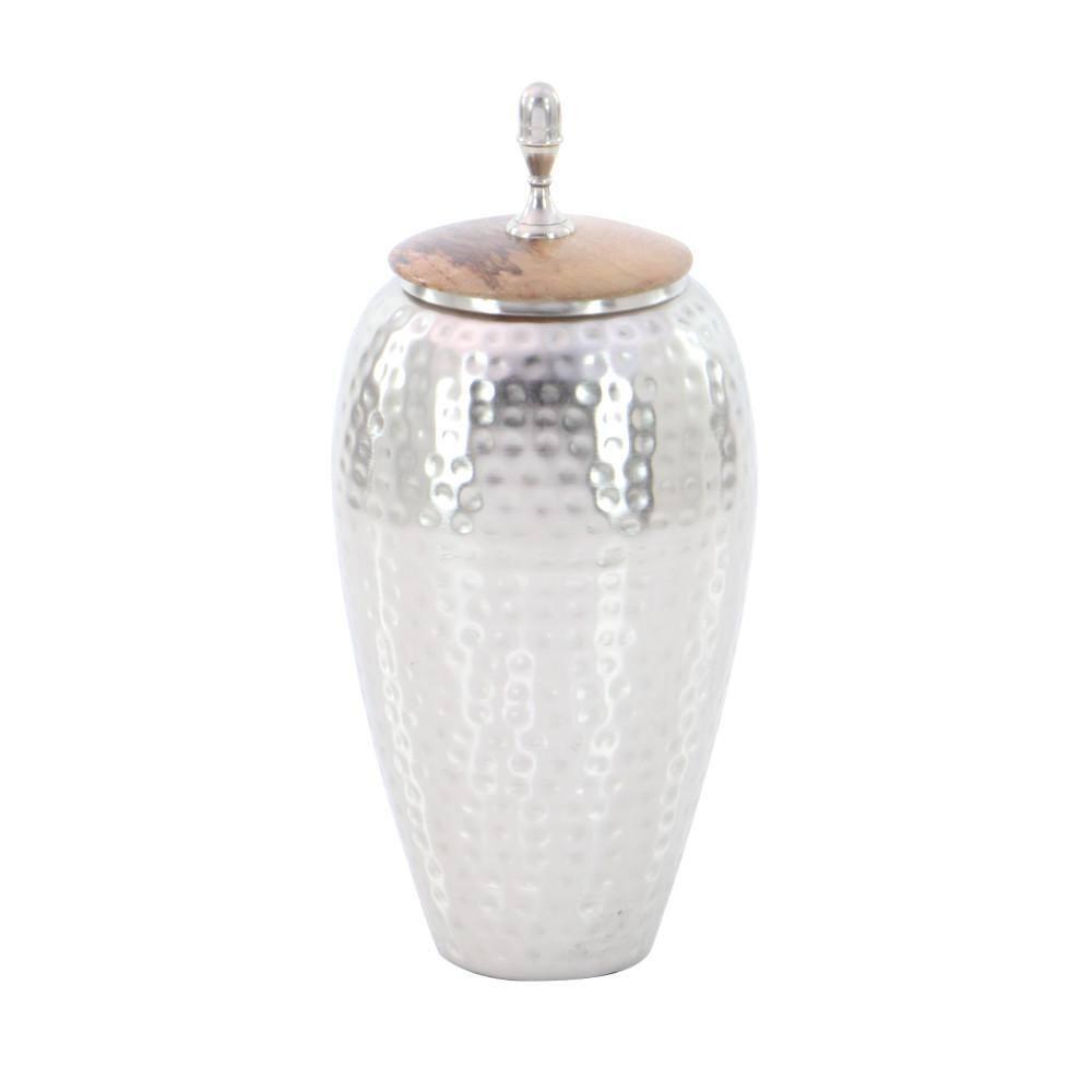 DecMode 7" x 16" Silver Metal Hammered Decorative Jars, 1-Piece