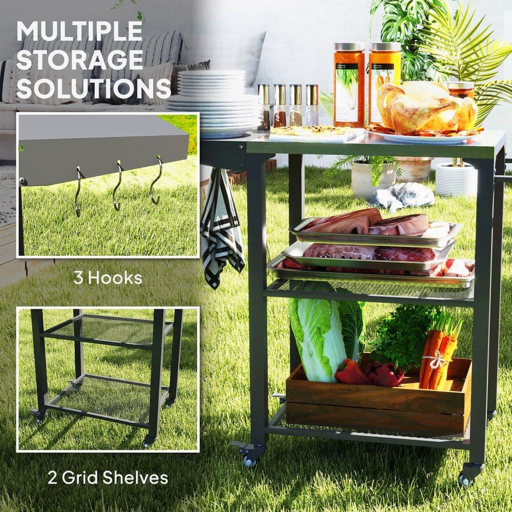 Outsunny 3-Shelf Outdoor Grill Cart Table with Foldable Side Table, Stainless Steel Tabletop, 22" x 16.1" Pizza Oven Stand with Hooks, Silver