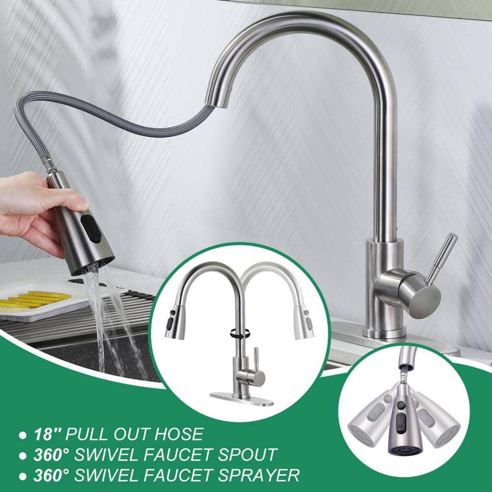 ARCORA Single Handle Stainless Steel Pull-Down Kitchen Faucet with Deckplate and Glass Rinser Combo