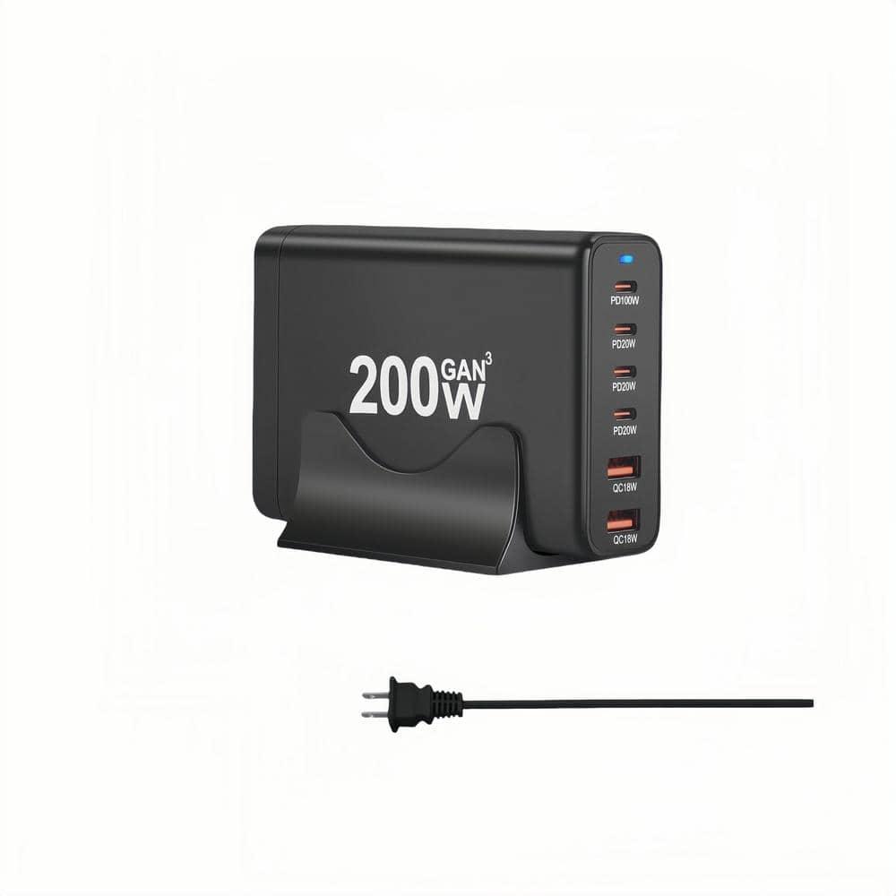 Black 200-Watt Fast Charging Station with 6 Ports